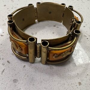 Antique Parisian Brass and Orange Bakelite Bracelet with Seahorse Design